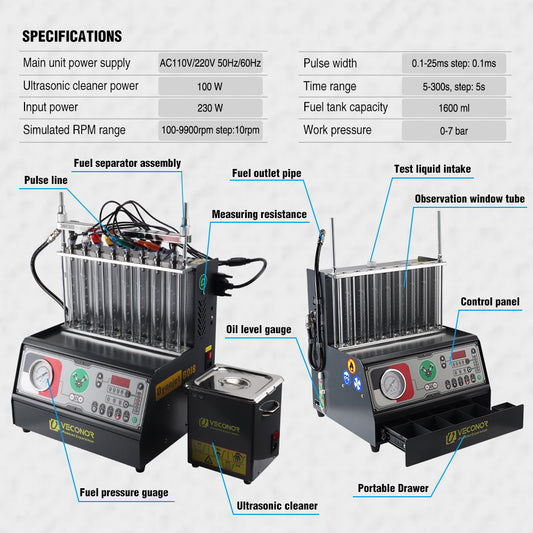 Intelligent Car GDI Fuel Injector Cleaner & Tester Cleaning Machine Ultrasonic Cleaner 8-Cylinders 110V 220V
