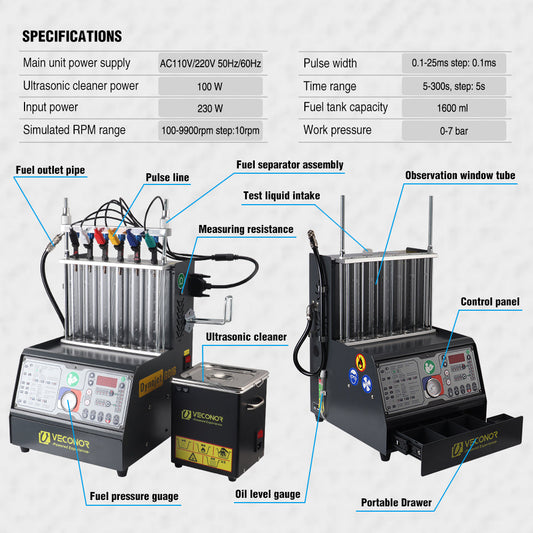 Intelligent Car GDI Fuel Injector Cleaner & Tester Cleaning Machine Ultrasonic Cleaner 6-Cylinders 110V 220V